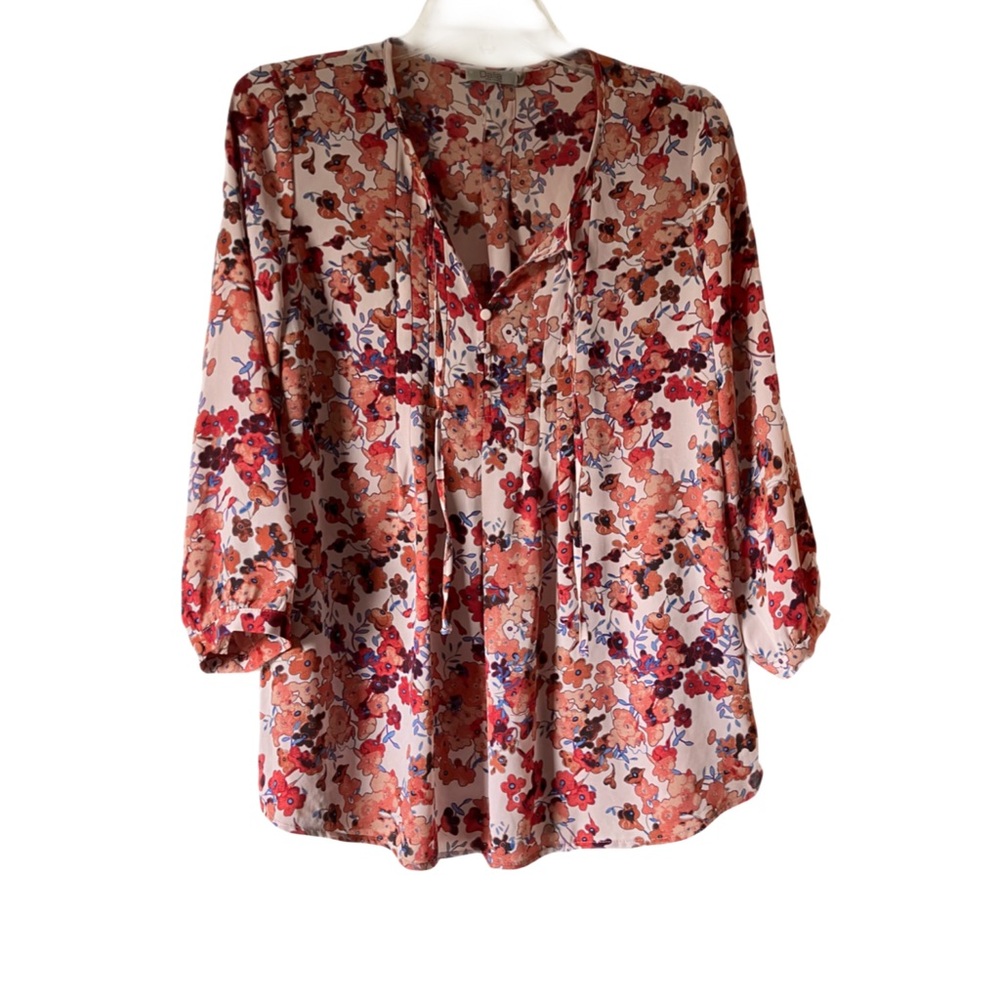 “Dalia” Flowered Polyester Top, 3/4 Length Sleeves, Sz. S, Pink & Coral Color